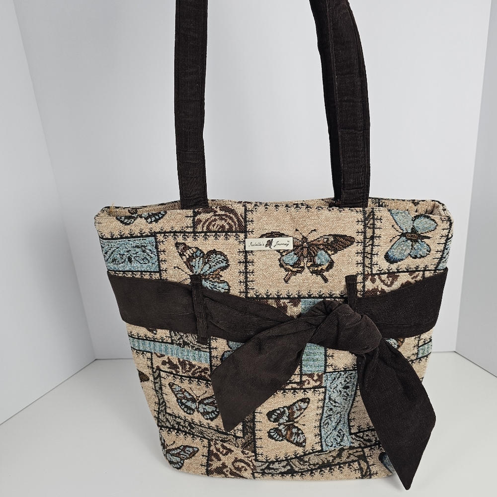 Isabella’s Journey Butterfly Tapestry Tote Bag Brown Blue Bow Shoulder Purse